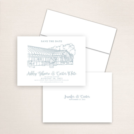 Custom Sketch Save the Date card featuring hand-drawn venue illustration of Rural Society at Warwick Farm in Mount Vernon, Ohio, personalized wedding stationery with elegant venue artwork. 