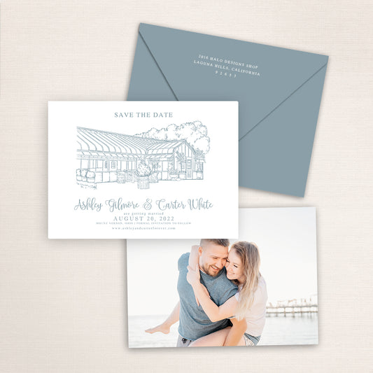 Custom Sketch Save the Date card featuring hand-drawn venue illustration of Rural Society at Warwick Farm in Mount Vernon, Ohio, personalized wedding stationery with elegant venue artwork with matching envelope.