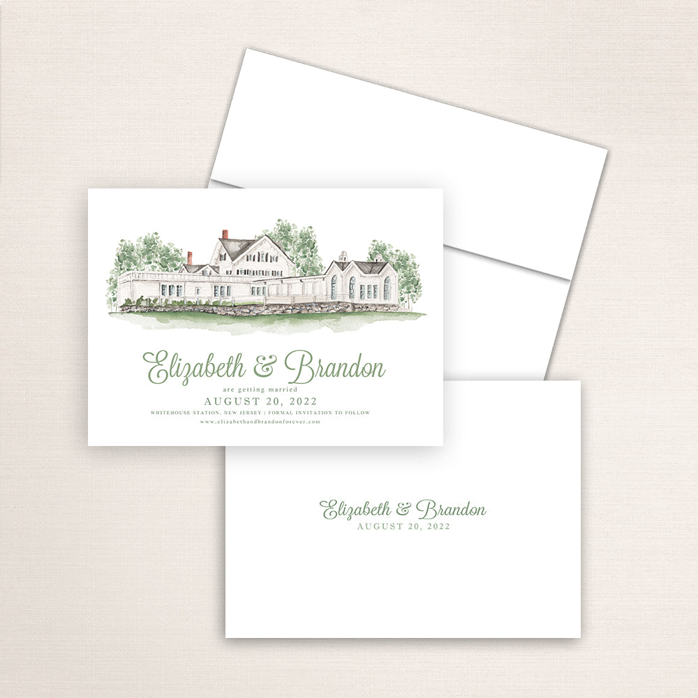 Custom watercolor Save the Date card featuring hand-painted venue illustration of Ryland Inn in Whitehouse Station, New Jersey, personalized wedding stationery with elegant venue artwork with matching envelope.