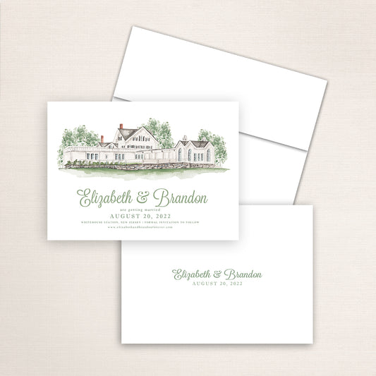 Custom watercolor Save the Date card featuring hand-painted venue illustration of Ryland Inn in Whitehouse Station, New Jersey, personalized wedding stationery with elegant venue artwork with matching envelope.