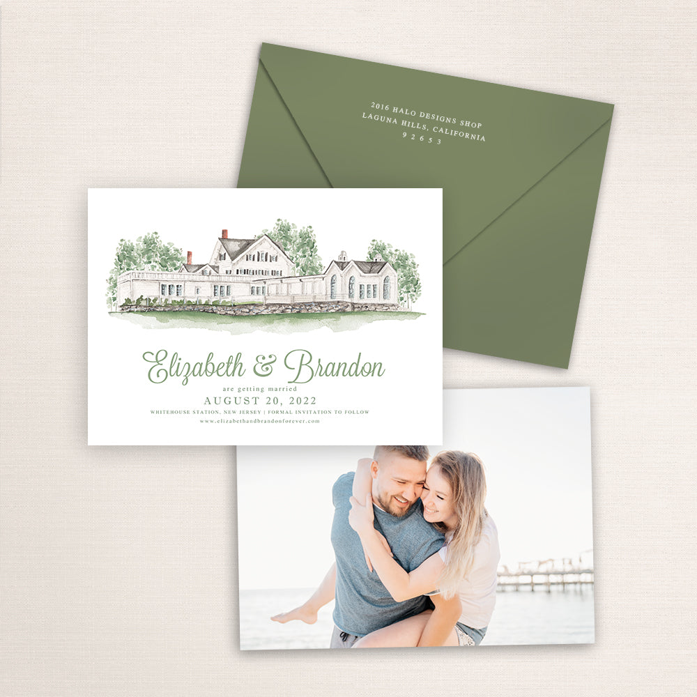 Custom watercolor Save the Date card featuring hand-painted venue illustration of Ryland Inn in Whitehouse Station, New Jersey, personalized wedding stationery with elegant venue artwork. 