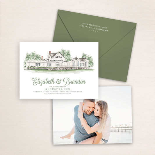 Custom watercolor Save the Date card featuring hand-painted venue illustration of Ryland Inn in Whitehouse Station, New Jersey, personalized wedding stationery with elegant venue artwork. 