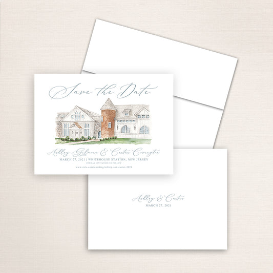 Custom watercolor Save the Date card featuring hand-painted venue illustration of Ryland Inn in Whitehouse Station, New Jersey, personalized wedding stationery with elegant venue artwork. 