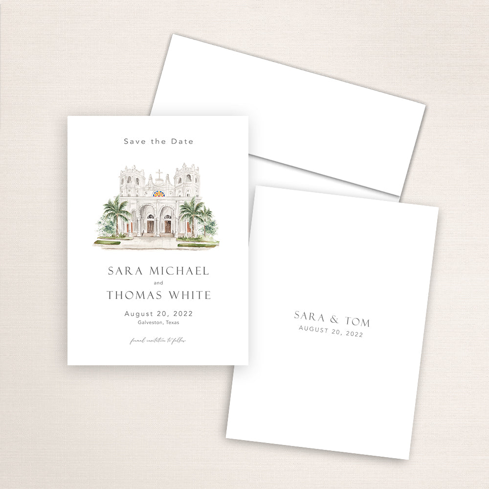 Custom watercolor Save the Date card featuring hand-painted venue illustration of Sacred Heart Catholic Church in Galveston, Texas, personalized wedding stationery with elegant venue artwork. 