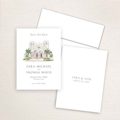 Custom watercolor Save the Date card featuring hand-painted venue illustration of Sacred Heart Catholic Church in Galveston, Texas, personalized wedding stationery with elegant venue artwork. 