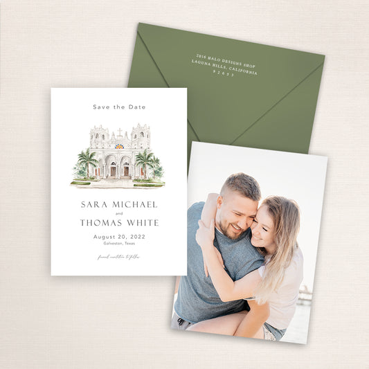 Custom watercolor Save the Date card featuring hand-painted venue illustration of Sacred Heart Catholic Church in Galveston, Texas, personalized wedding stationery with elegant venue artwork with matching envelope.
