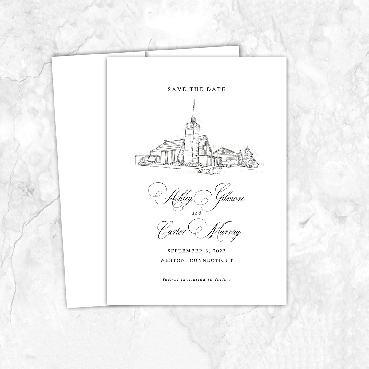 Custom sketch Save the Date card featuring hand-drawn venue illustration of Saint Francis of Assisi Parish in Weston, Connecticut, personalized wedding stationery with elegant venue artwork. 