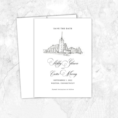 Custom sketch Save the Date card featuring hand-drawn venue illustration of Saint Francis of Assisi Parish in Weston, Connecticut, personalized wedding stationery with elegant venue artwork. 