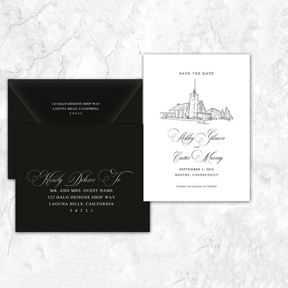 Custom sketch Save the Date card featuring hand-drawn venue illustration of Saint Francis of Assisi Parish in Weston Connecticut personalized wedding stationery with elegant venue artwork with matching envelope. 
