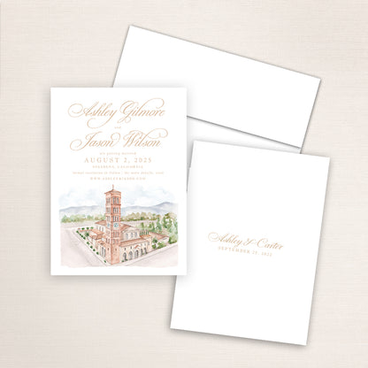 Custom watercolor Save the Date card featuring hand-painted venue illustration of St. Andrew Catholic Church in Pasadena, California, personalized wedding stationery with elegant venue artwork.  