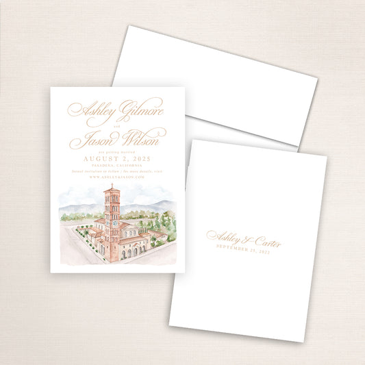 Custom watercolor Save the Date card featuring hand-painted venue illustration of St. Andrew Catholic Church in Pasadena, California, personalized wedding stationery with elegant venue artwork.  
