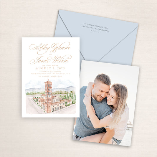 Custom watercolor Save the Date card featuring hand-painted venue illustration of St. Andrew Catholic Church in Pasadena, California, personalized wedding stationery with elegant venue artwork with matching envelope.