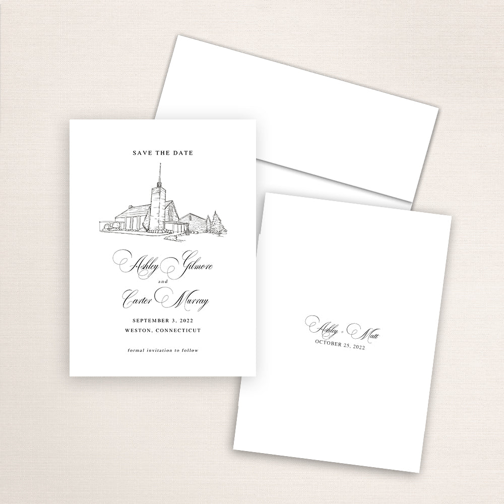 Custom sketch Save the Date card featuring hand-drawn venue illustration of Saint Francis of Assisi Parish in Weston, Connecticut, personalized wedding stationery with elegant venue artwork. 