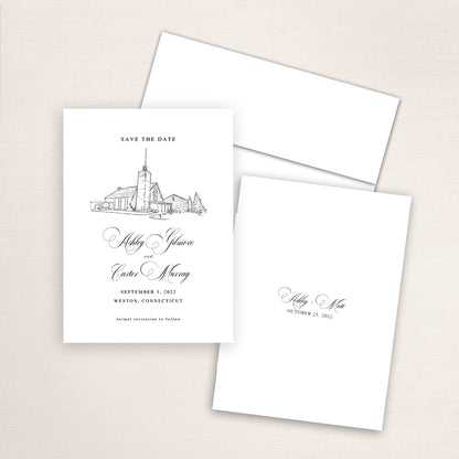 Custom sketch Save the Date card featuring hand-drawn venue illustration of Saint Francis of Assisi Parish in Weston, Connecticut, personalized wedding stationery with elegant venue artwork. 