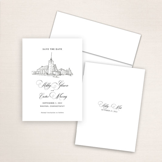 Custom sketch Save the Date card featuring hand-drawn venue illustration of Saint Francis of Assisi Parish in Weston, Connecticut, personalized wedding stationery with elegant venue artwork. 