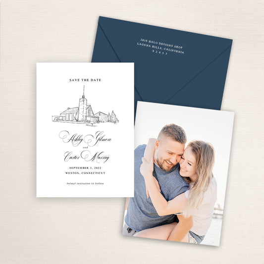Custom sketch Save the Date card featuring hand-drawn venue illustration of Saint Francis of Assisi Parish in Weston, Connecticut, personalized wedding stationery with elegant venue artwork with matching envelope.