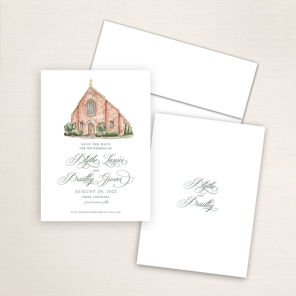 Custom watercolor Save the Date card featuring hand-painted venue illustration of Saint Helena Catholic Church in Amite, Louisiana, personalized wedding stationery with elegant venue artwork. 