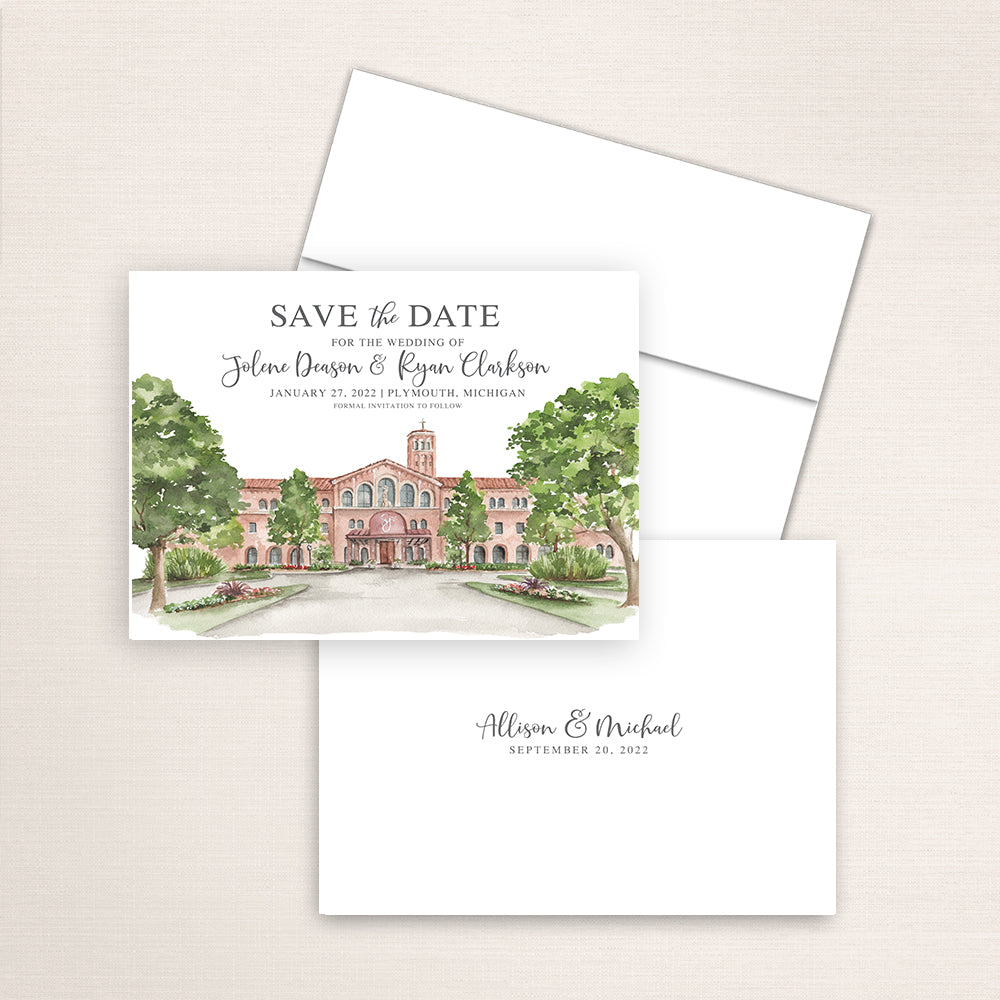 Custom watercolor Save the Date card featuring hand-painted venue illustration of Saint Johns Resort in Plymouth, Michigan, personalized wedding stationery with elegant venue artwork. 