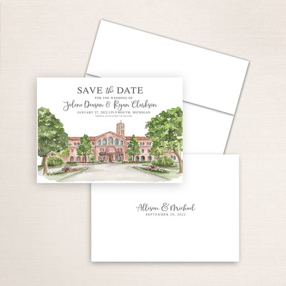 Custom watercolor Save the Date card featuring hand-painted venue illustration of Saint Johns Resort in Plymouth, Michigan, personalized wedding stationery with elegant venue artwork. 