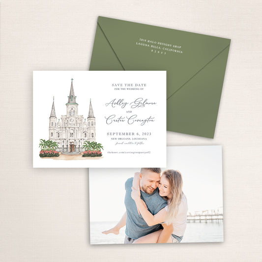 Custom watercolor Save the Date card featuring hand-painted venue illustration of Saint Louis Cathedral in New Orleans, Louisiana, personalized wedding stationery with elegant venue artwork with matching envelope.