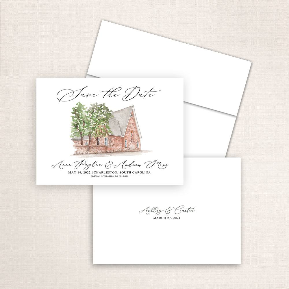 Custom watercolor Save the Date card featuring hand-painted venue illustration of St. Luke's Chapel in Charleston, South Carolina, personalized wedding stationery with elegant venue artwork. 
