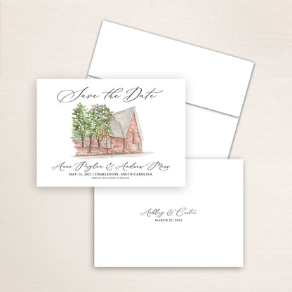 Custom watercolor Save the Date card featuring hand-painted venue illustration of St. Luke's Chapel in Charleston, South Carolina, personalized wedding stationery with elegant venue artwork. 