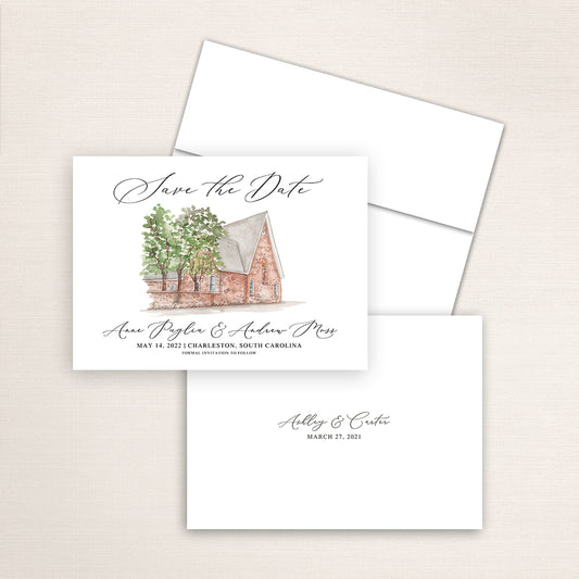 Custom watercolor Save the Date card featuring hand-painted venue illustration of St. Luke's Chapel in Charleston, South Carolina, personalized wedding stationery with elegant venue artwork. 