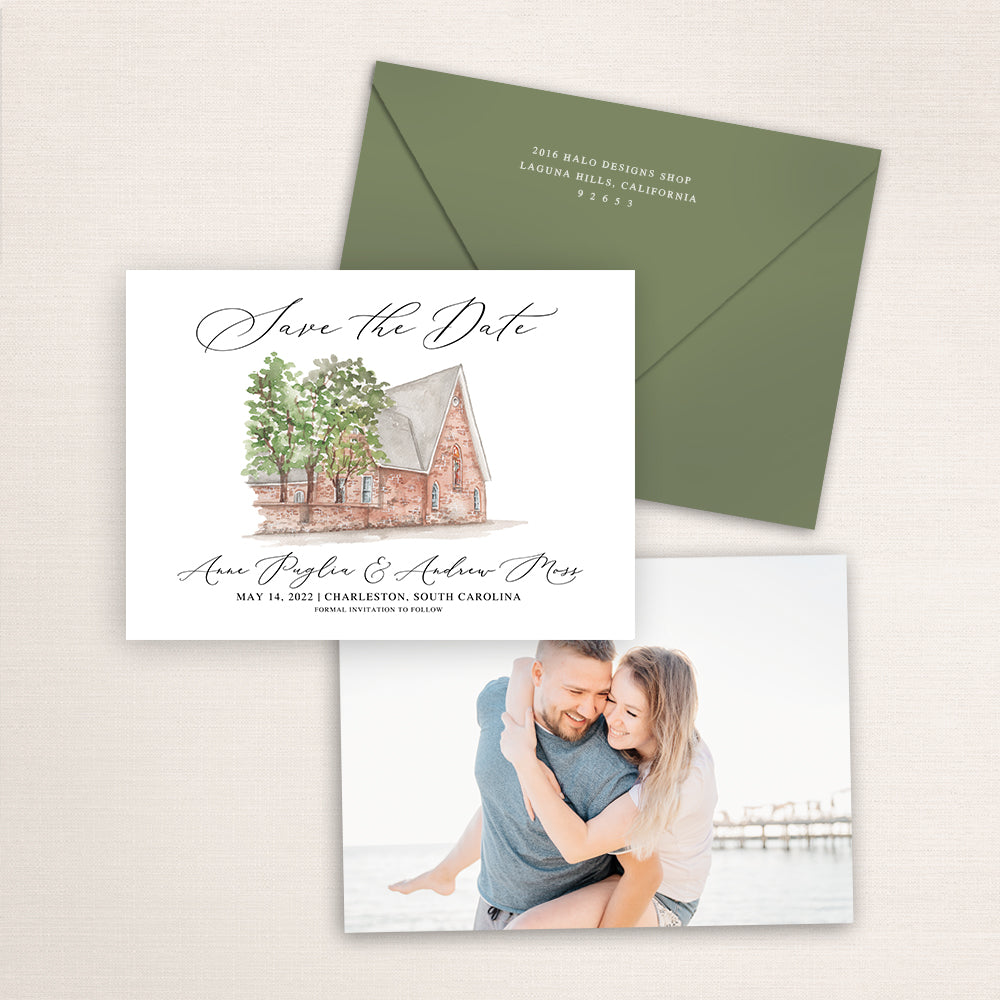 Custom watercolor Save the Date card featuring hand-painted venue illustration of St. Luke's Chapel in Charleston, South Carolina, personalized wedding stationery with elegant venue artwork with matching envelope.