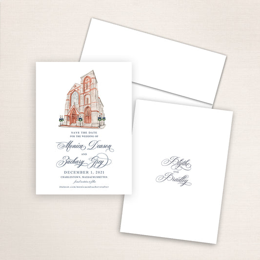 Custom watercolor Save the Date card featuring hand-painted venue illustration of Saint Mary's Church in Charlestown, Massachusetts,  personalized wedding stationery with elegant venue artwork. 