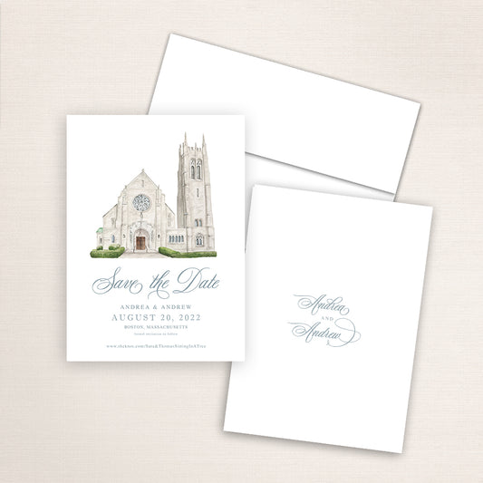 Custom watercolor Save the Date card featuring hand-painted venue illustration of St. Theresa of Avila in Boston, Massachusetts, personalized wedding stationery with elegant venue artwork. 