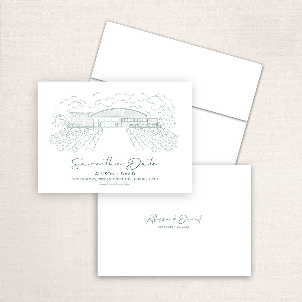 Custom Sketch Save the Date card featuring hand-drawn venue illustration of Saltwater Farm Vineyard in Stonington, Connecticut, personalized wedding stationery with elegant venue artwork. 