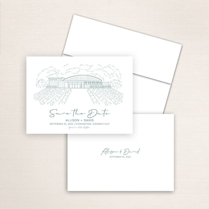 Custom Sketch Save the Date card featuring hand-drawn venue illustration of Saltwater Farm Vineyard in Stonington, Connecticut, personalized wedding stationery with elegant venue artwork. 