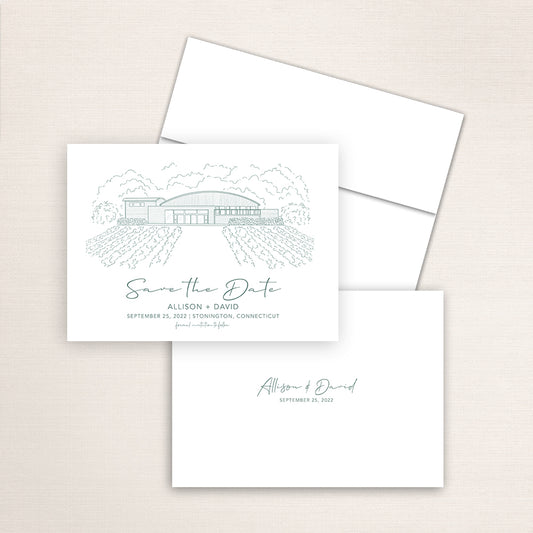 Custom Sketch Save the Date card featuring hand-drawn venue illustration of Saltwater Farm Vineyard in Stonington, Connecticut, personalized wedding stationery with elegant venue artwork. 