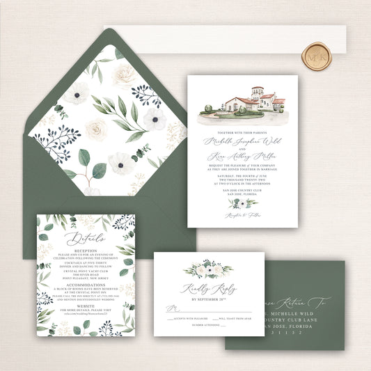 Wedding invitation suite with watercolor illustration of San Jose Country Club, floral envelope liner, and coordinating stationery pieces.