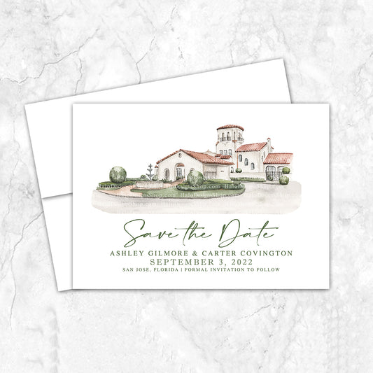 Custom watercolor Save the Date card featuring hand-painted venue illustration of San Jose Country Club  in Florida personalized wedding stationery with elegant venue artwork. 