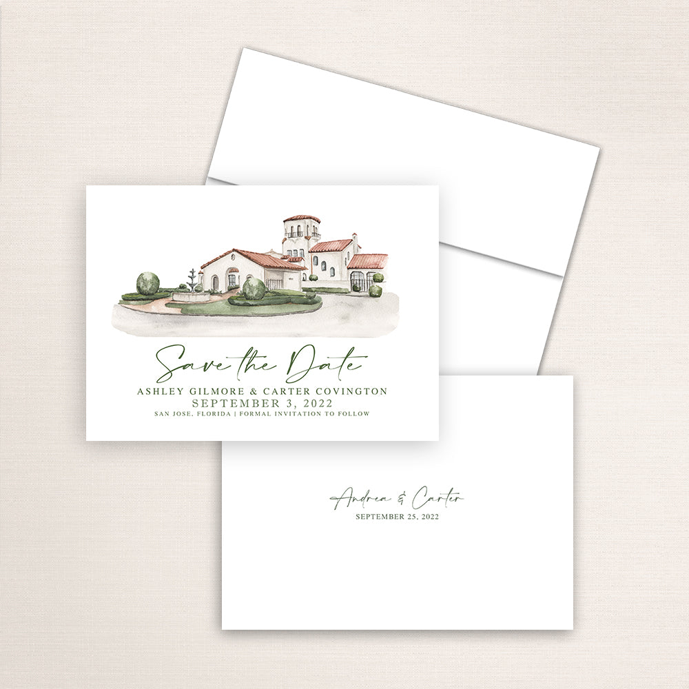 Custom watercolor Save the Date card featuring hand-painted venue illustration of San Jose Country Club in San Jose, Florida, personalized wedding stationery with elegant venue artwork. 