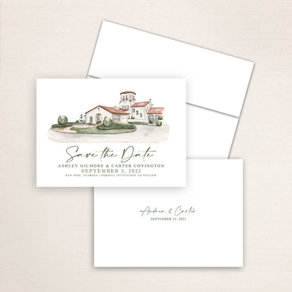 Custom watercolor Save the Date card featuring hand-painted venue illustration of San Jose Country Club in San Jose, Florida, personalized wedding stationery with elegant venue artwork. 