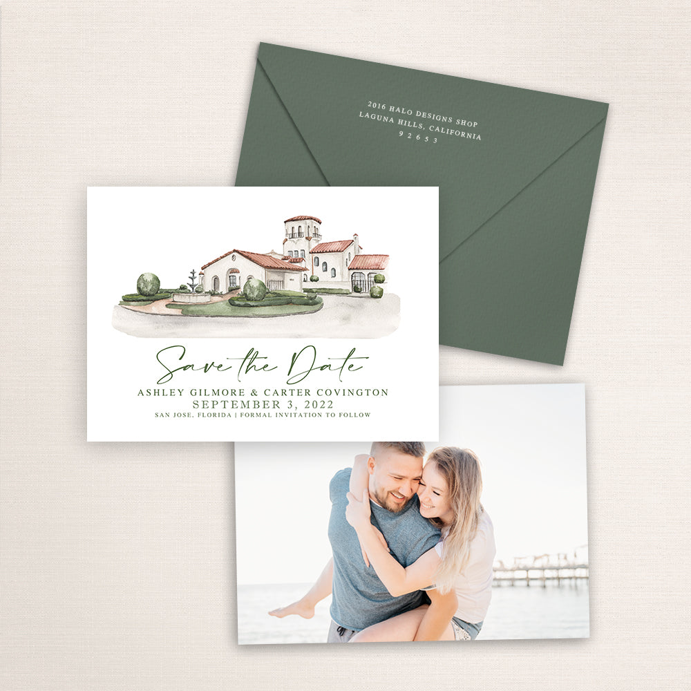 Custom watercolor Save the Date card featuring hand-painted venue illustration of San Jose Country Club in San Jose, Florida, personalized wedding stationery with elegant venue artwork with matching envelope.
