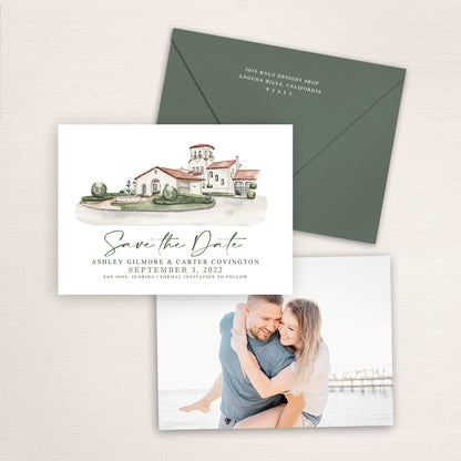 Custom watercolor Save the Date card featuring hand-painted venue illustration of San Jose Country Club in San Jose, Florida, personalized wedding stationery with elegant venue artwork with matching envelope.