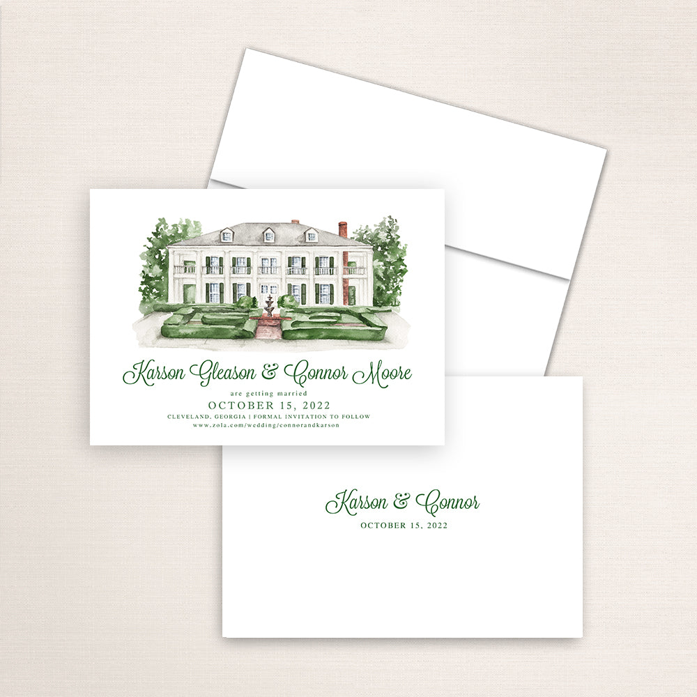 Custom watercolor Save the Date card featuring hand-painted venue illustration of Sanctuary Estate in Cleveland, Georgia personalized wedding stationery with elegant venue artwork. 