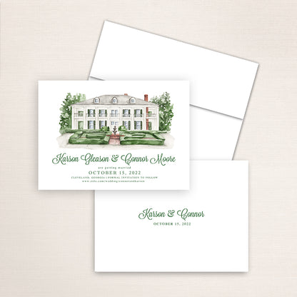 Custom watercolor Save the Date card featuring hand-painted venue illustration of Sanctuary Estate in Cleveland, Georgia personalized wedding stationery with elegant venue artwork. 