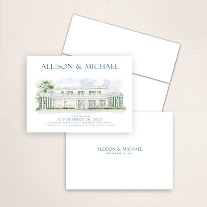 Custom watercolor Save the Date card featuring hand-painted venue illustration of Seabright Beach Club in Seabright, New Jersey, personalized wedding stationery with elegant venue artwork. 