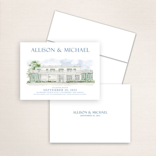 Custom watercolor Save the Date card featuring hand-painted venue illustration of Seabright Beach Club in Seabright, New Jersey, personalized wedding stationery with elegant venue artwork. 