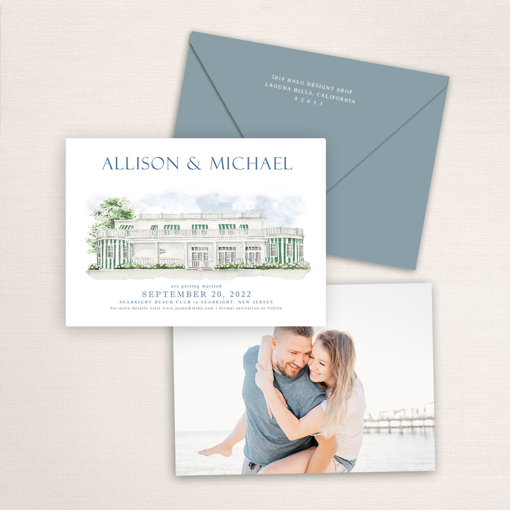 Custom watercolor Save the Date card featuring hand-painted venue illustration of Seabright Beach Club in Seabright, New Jersey, personalized wedding stationery with elegant venue artwork with matching envelope.