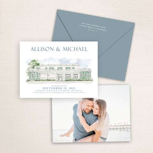Custom watercolor Save the Date card featuring hand-painted venue illustration of Seabright Beach Club in Seabright, New Jersey, personalized wedding stationery with elegant venue artwork with matching envelope.