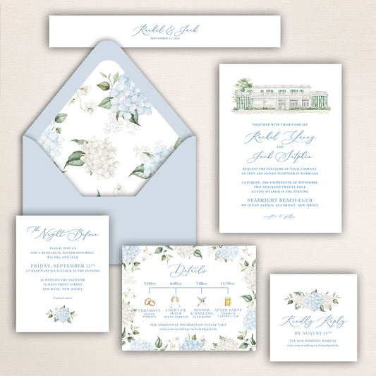 Wedding invitation suite featuring a hand-painted watercolor of Seabright Beach Club. Design features blue and white hydrangeas, and matching Details, RSVP, envelopes, liners, and wax seal.