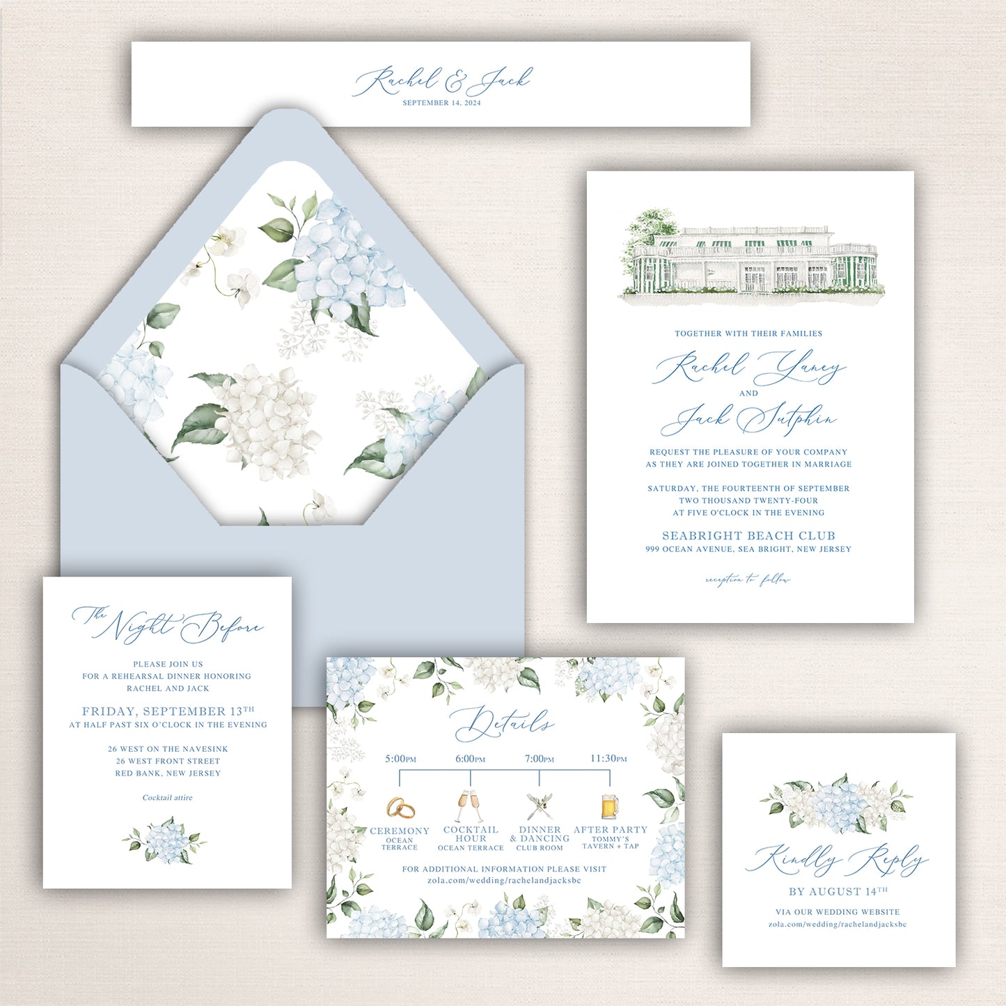 Wedding invitation suite with watercolor illustration of Seabright Beach Club, hydrangea floral envelope liner, and coordinating stationery pieces.