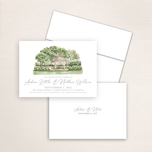 Custom watercolor Save the Date card featuring hand-painted venue illustration of the Secret Garden in Rancho Santa Fe, California, personalized wedding stationery with elegant venue artwork. 