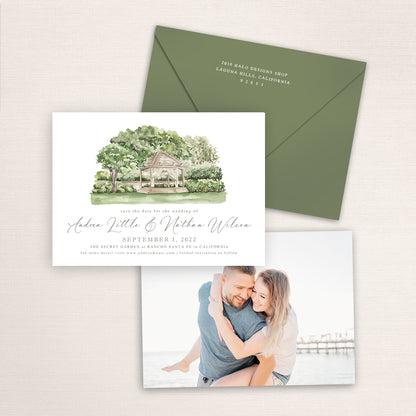 Custom watercolor Save the Date card featuring hand-painted venue illustration of the Secret Garden in Rancho Santa Fe, California, personalized wedding stationery with elegant venue artwork with matching envelope.