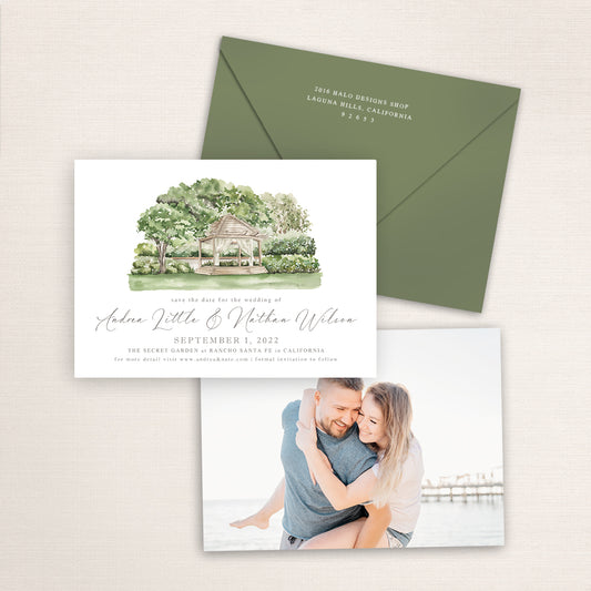 Custom watercolor Save the Date card featuring hand-painted venue illustration of the Secret Garden in Rancho Santa Fe, California, personalized wedding stationery with elegant venue artwork with matching envelope.